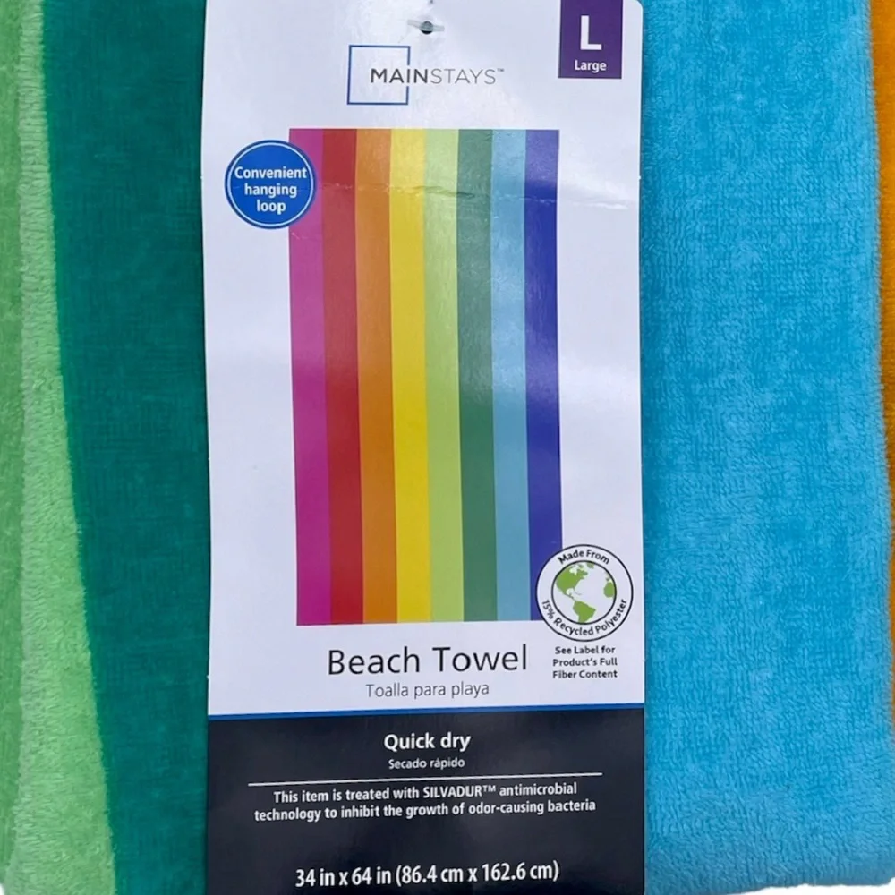 MAINSTAYS striped multicolor large beach towel quick dry 34”x64” hanging loop